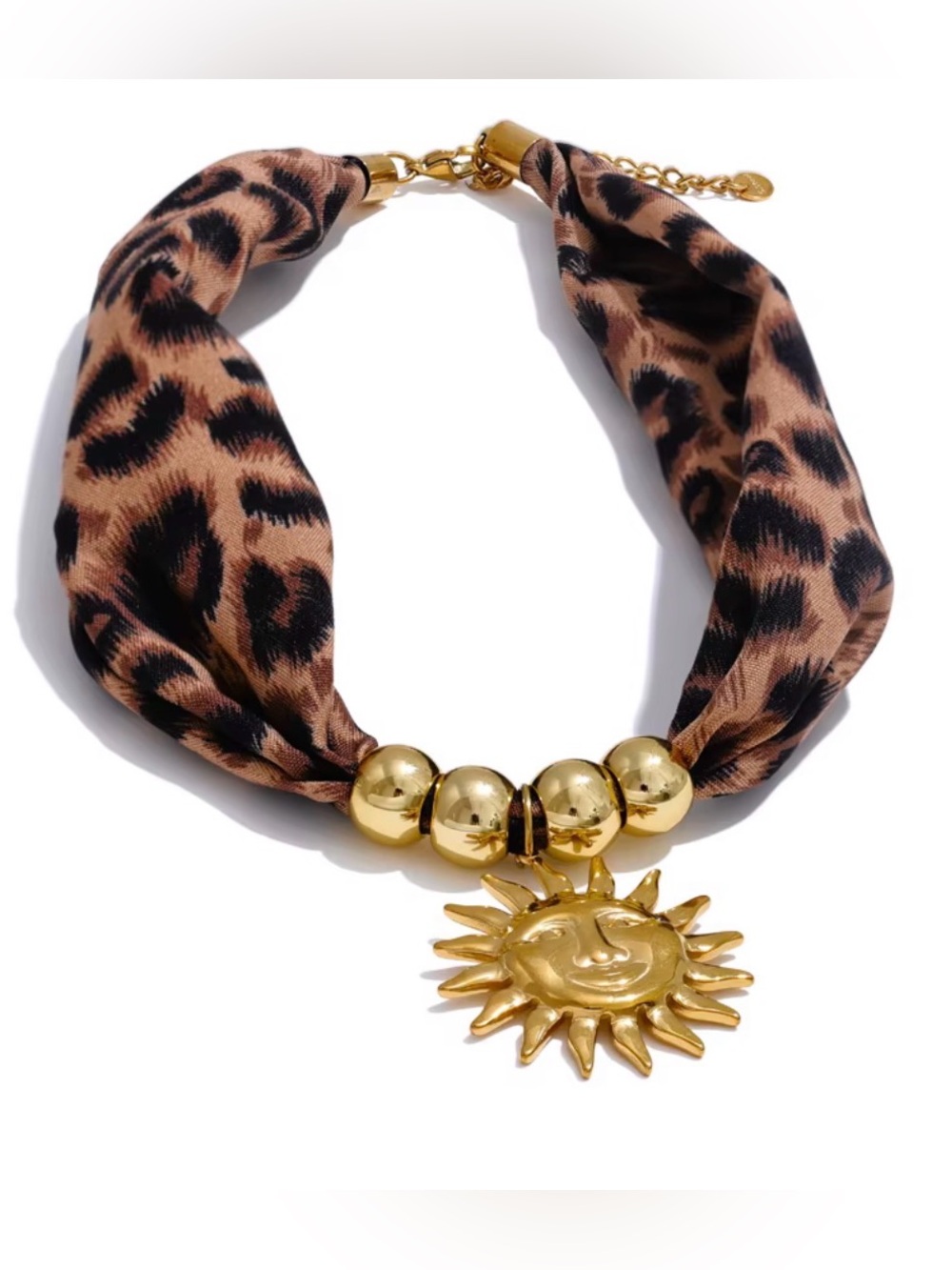 Leopard Print Scarf Choker Necklace with Gold Sun Pendant